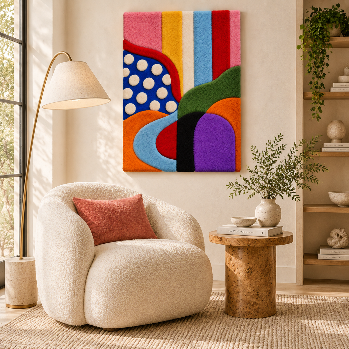 Hewn Earth Carnival Curves and Ivory Dots wall art featuring abstract shapes and soft neutral tones in a modern room setting