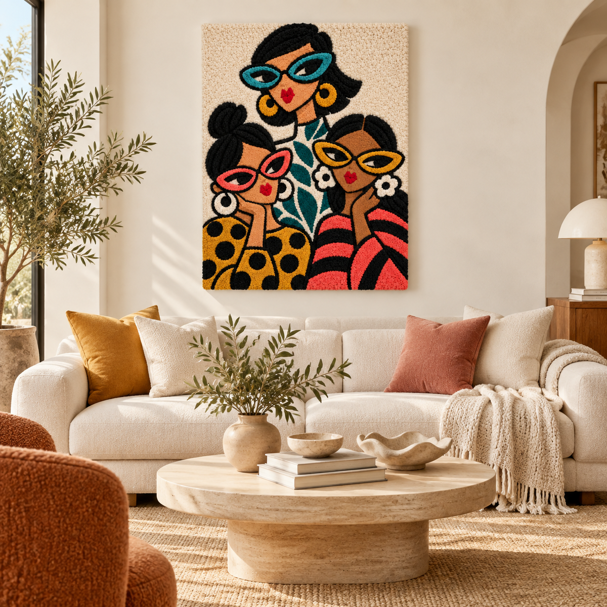 Hewn Earth Cat-Eye Companions wall art featuring colorful cat-eye designs on a modern room wall.