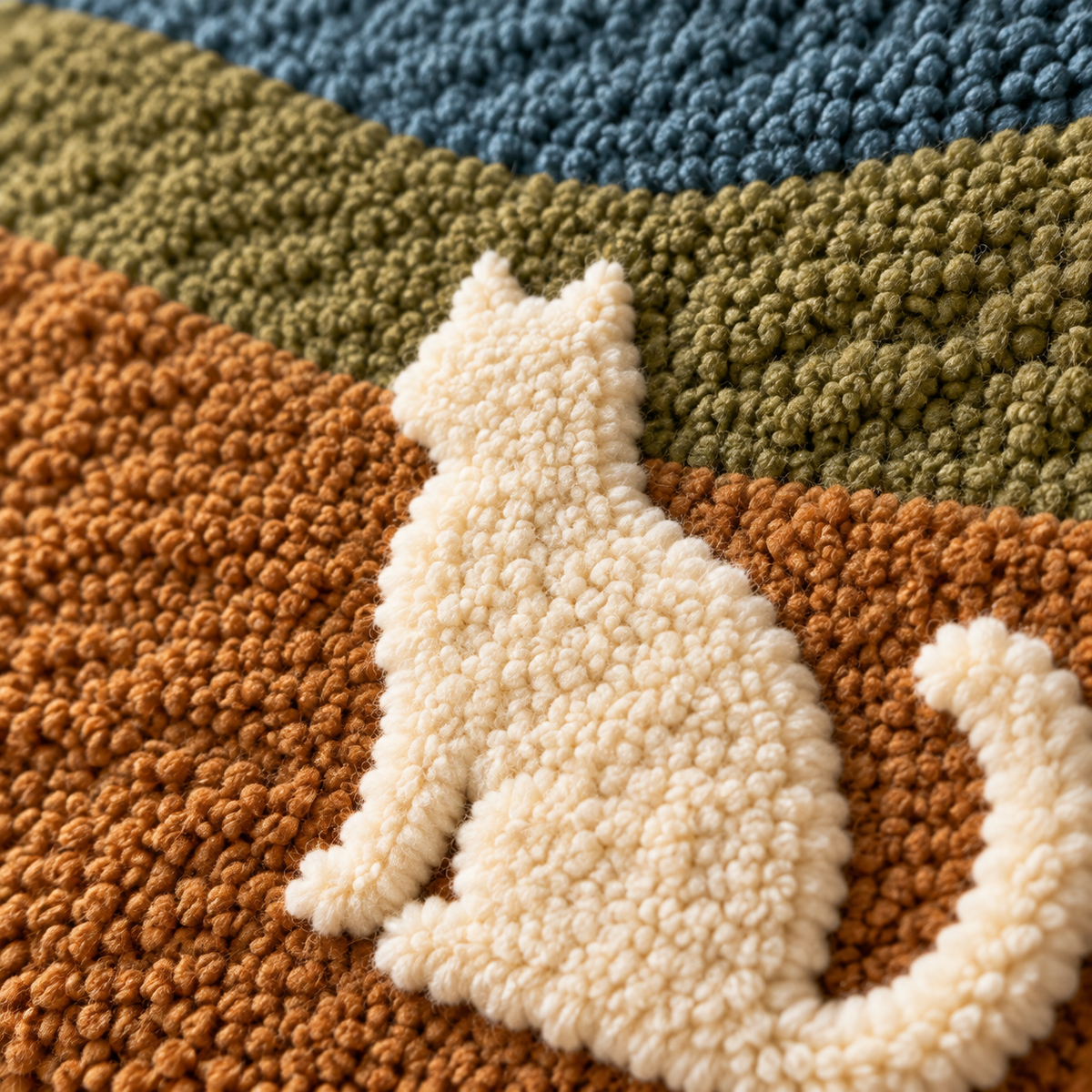 Cat on the Ochre Hills — tufted wool texture detail