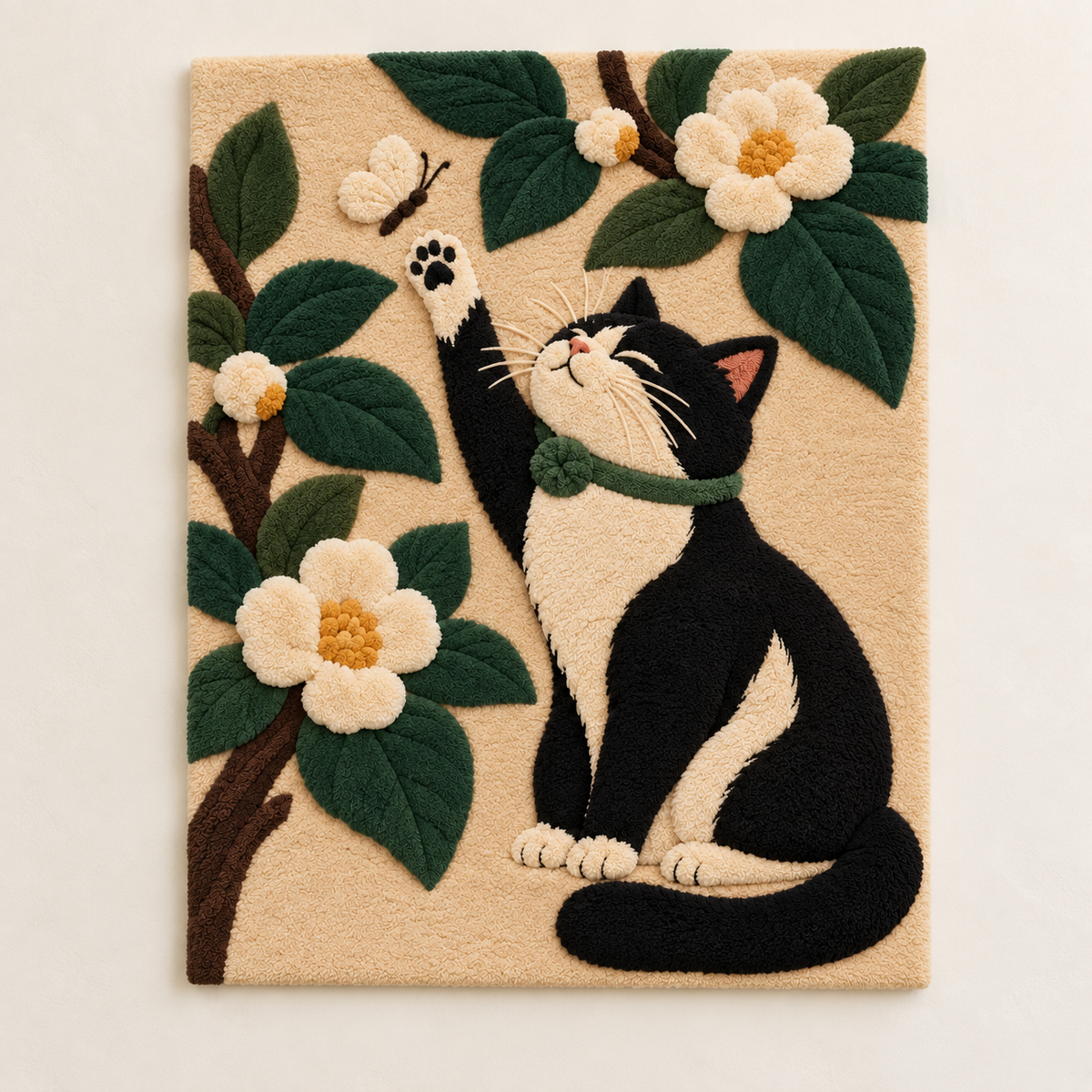 Hewn Earth wall art features a cat reaching for a butterfly, showcasing a playful and artistic feline scene on a canvas.