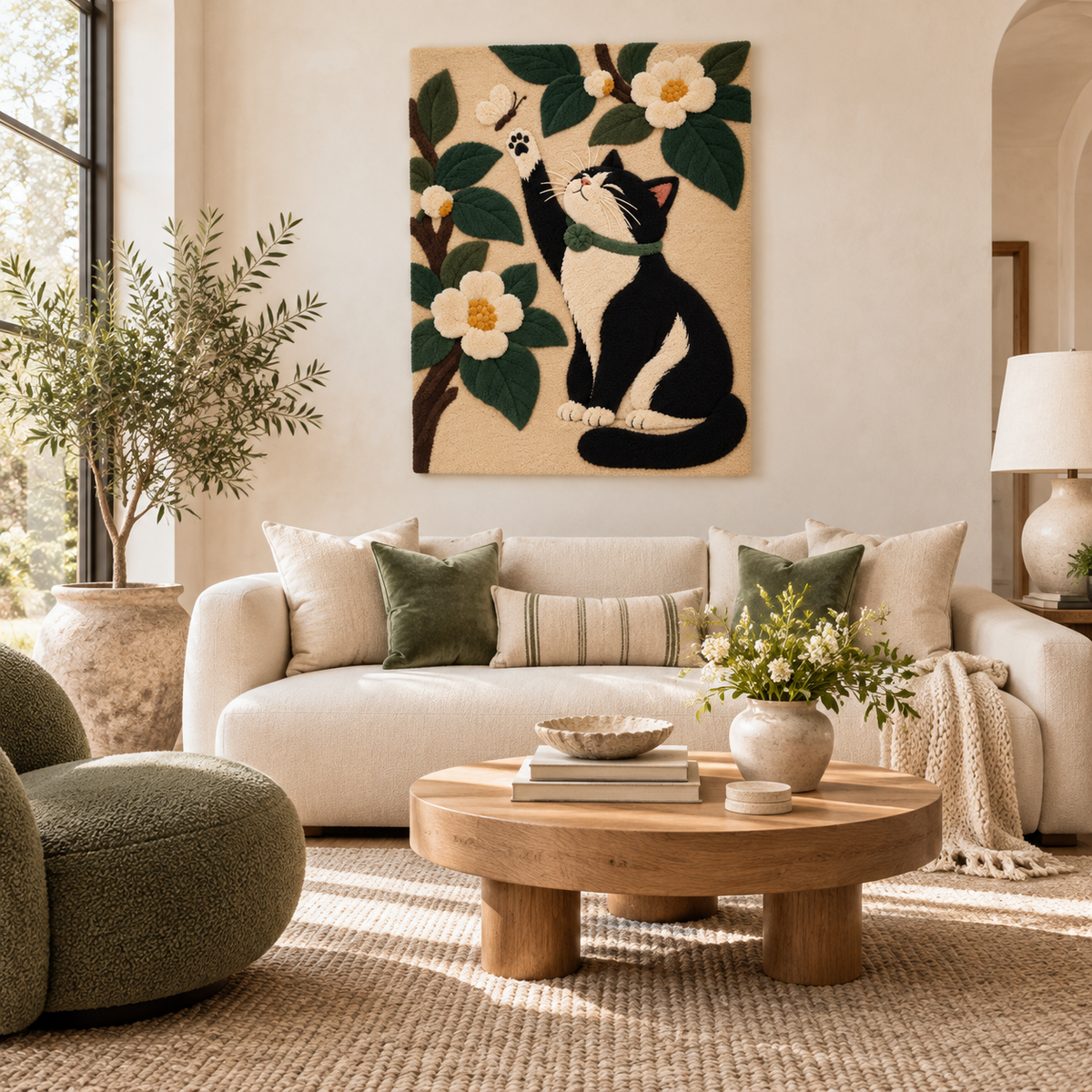 Hewn Earth wall art shows a cat reaching for a butterfly in a cozy room scene, emphasizing playful and whimsical home decor.