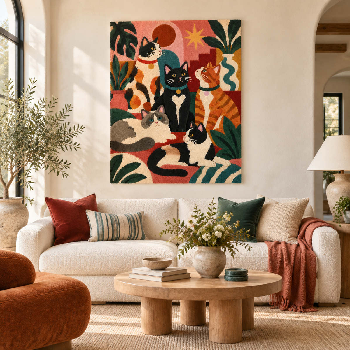 Hewn Earth wall art featuring cats relaxing in a courtyard scene, showcasing detailed illustrations and vibrant colors.