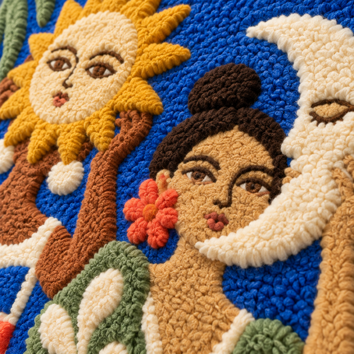 Celestial Keepers in Blue — tufted wool texture detail