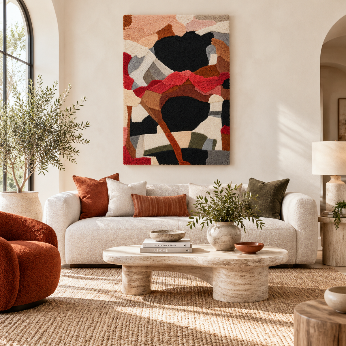 Charcoal and Coral Cadence — front-facing room scene