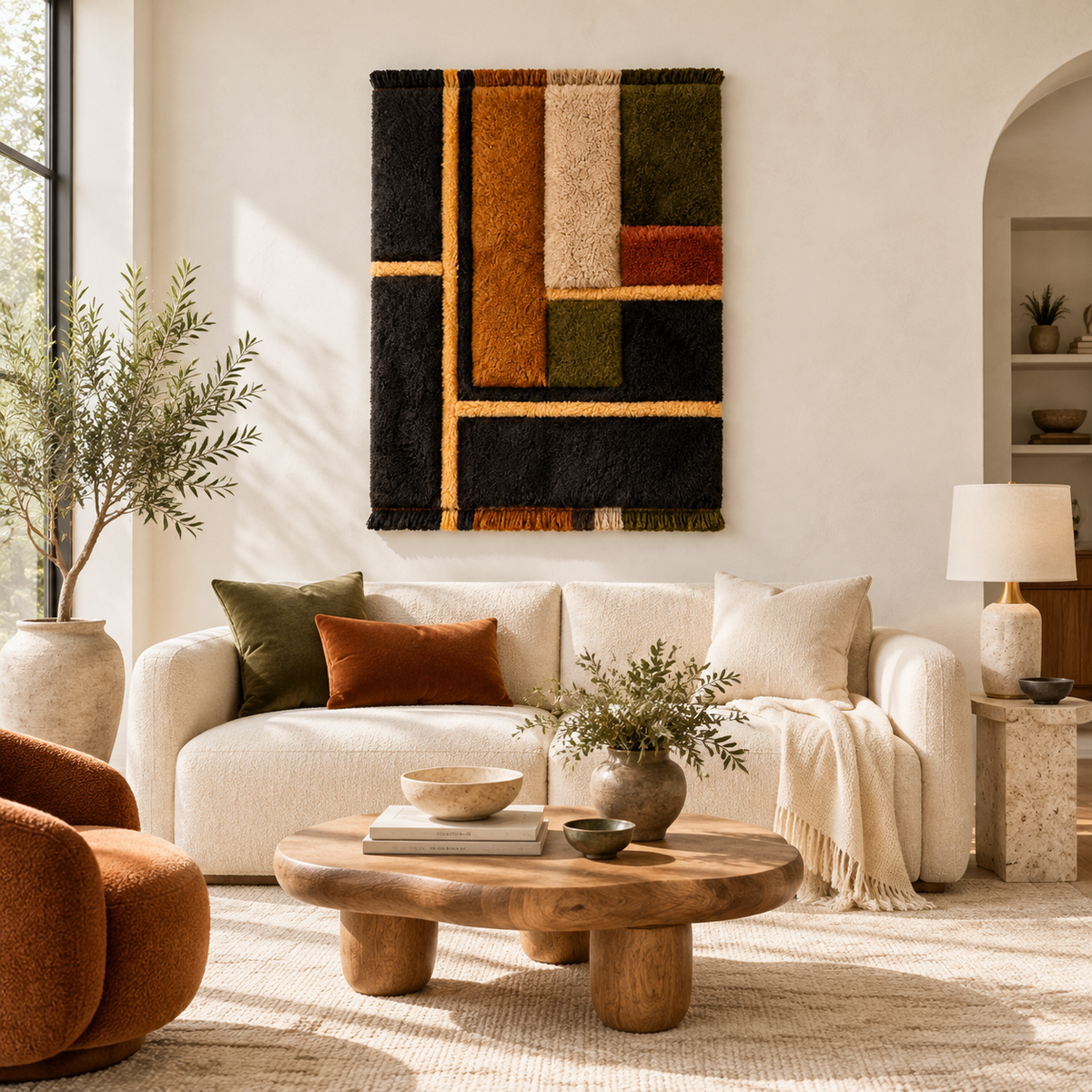 Charcoal and Ochre Framework — front-facing room scene