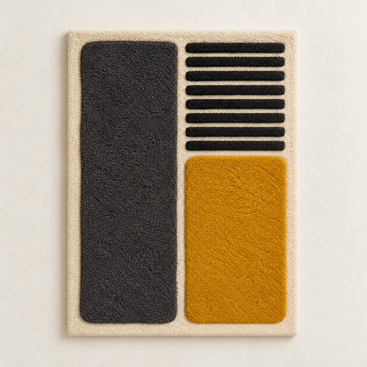 Hewn Earth wall art featuring charcoal slats and an ochre block, modern abstract design for contemporary interior decor.