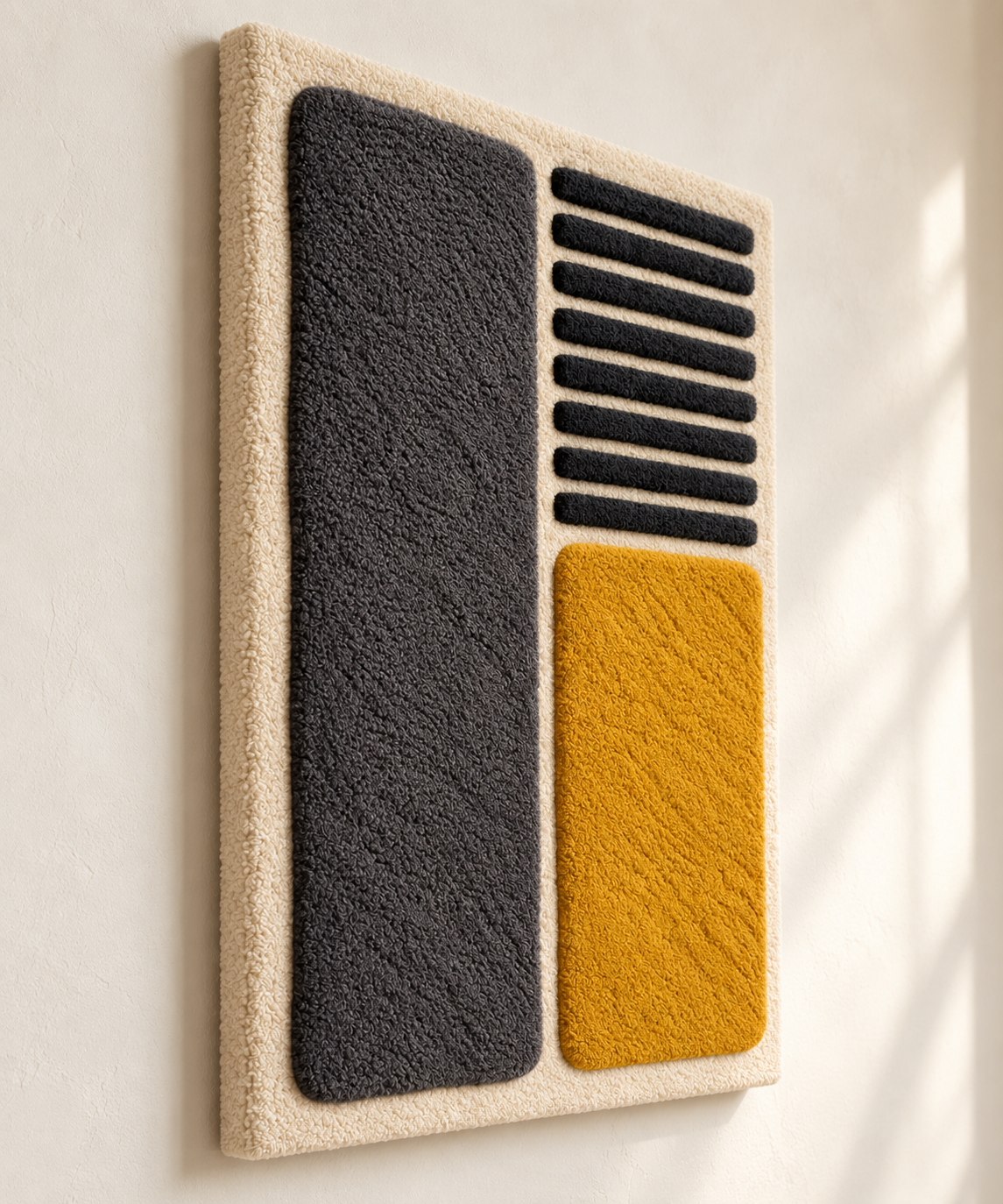 Hewn Earth wall art featuring charcoal slats and an ochre block, arranged in an abstract, modern design on a neutral background.