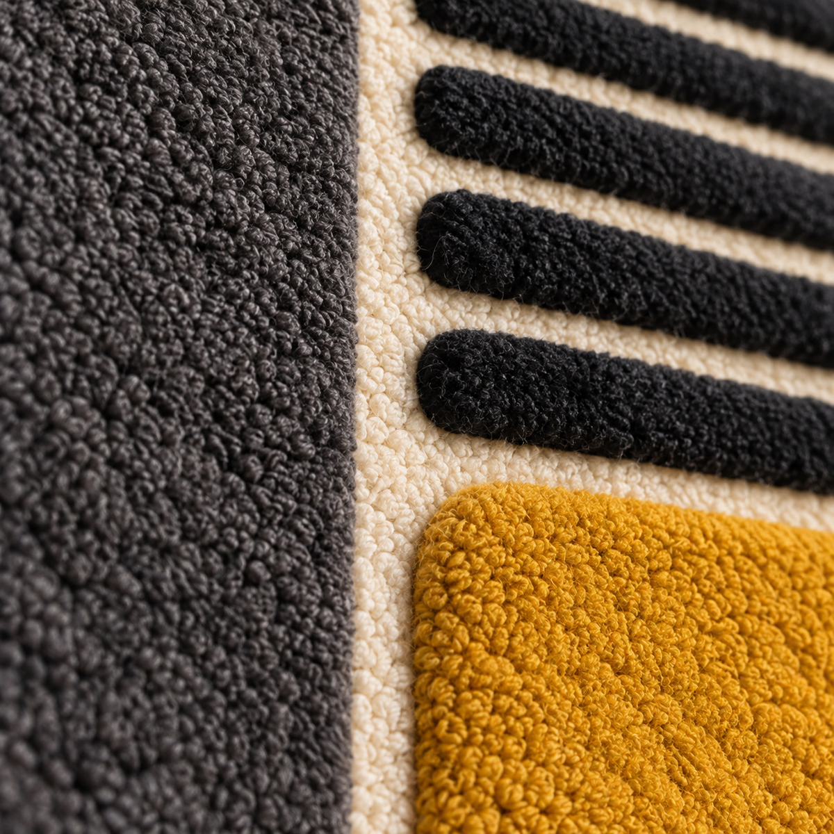 Close-up of Hewn Earth wall art featuring charcoal slats and an ochre block with textured, layered design.