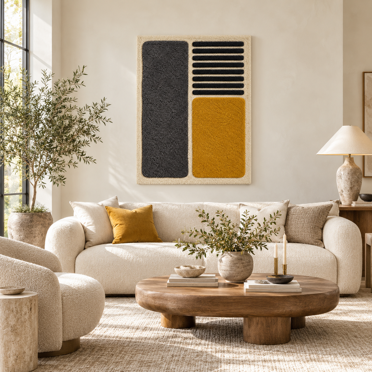 Hewn Earth wall art featuring charcoal slats and an ochre block arranged on a neutral background.