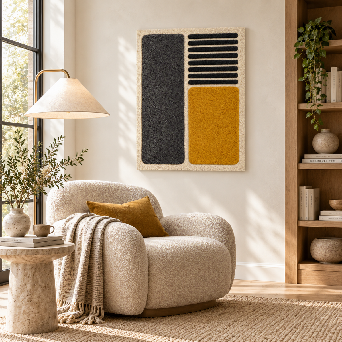 Hewn Earth wall art featuring charcoal slats and ochre block, displayed on a modern room wall with neutral decor.