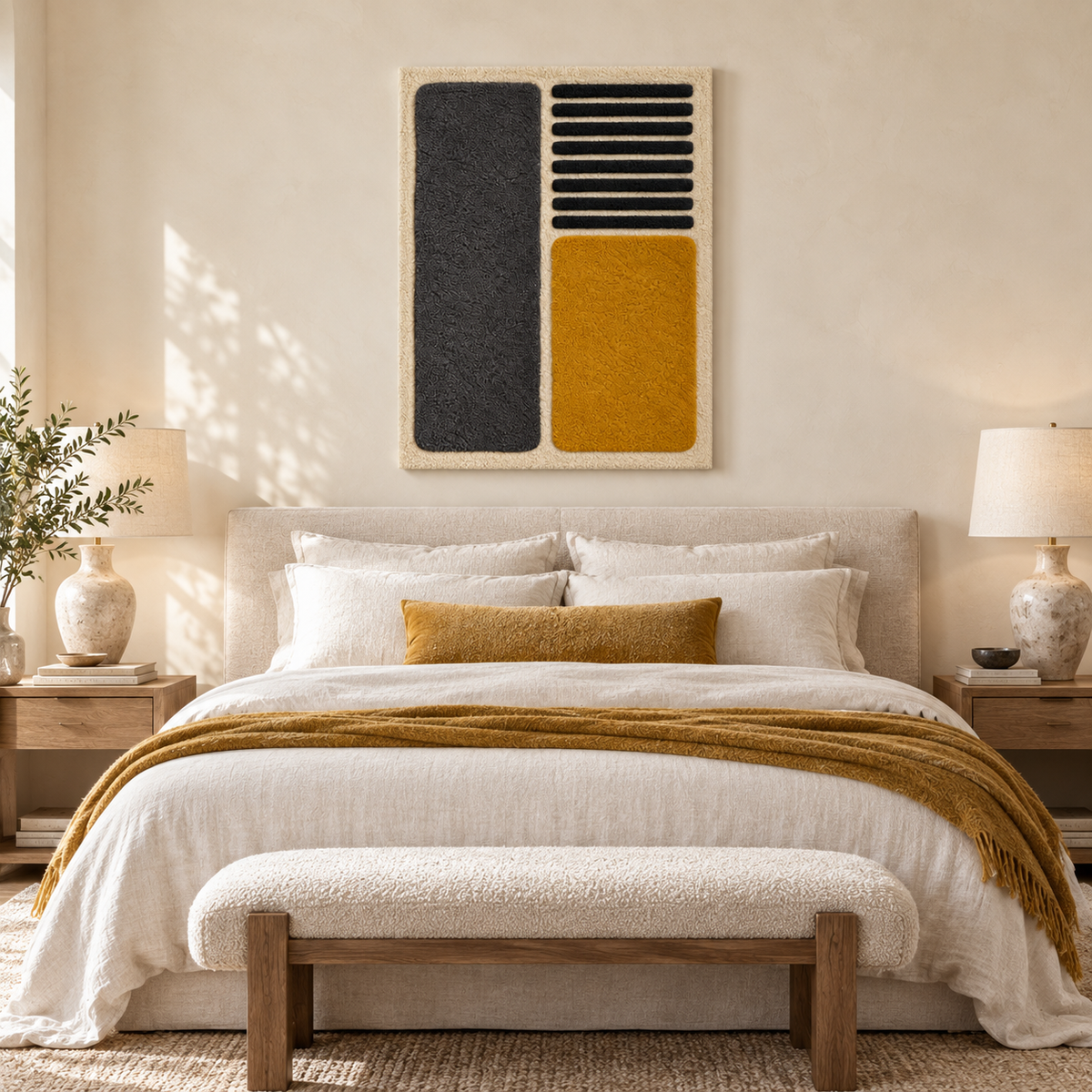 Hewn Earth wall art featuring charcoal slats and an ochre block, modern abstract design for contemporary interior decor.