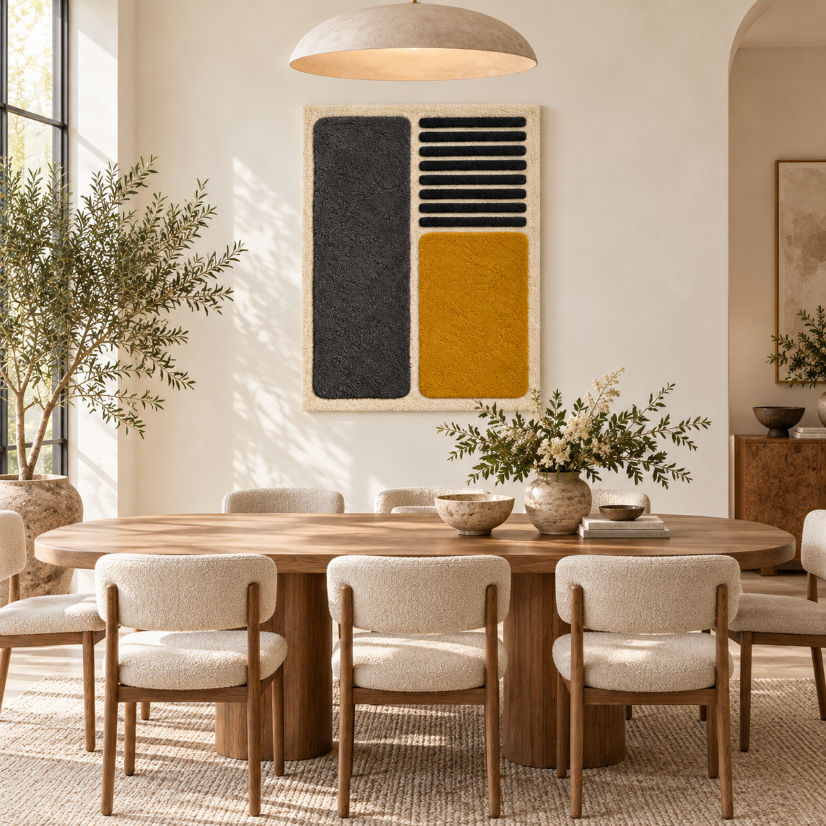 Hewn Earth wall art featuring charcoal slats and an ochre block displayed in a modern room setting.