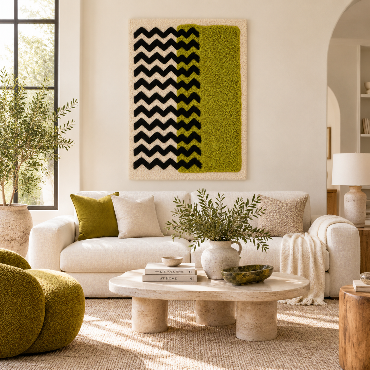 Hewn Earth wall art featuring chartreuse field and black chevrons, modern geometric design for contemporary interior decor.