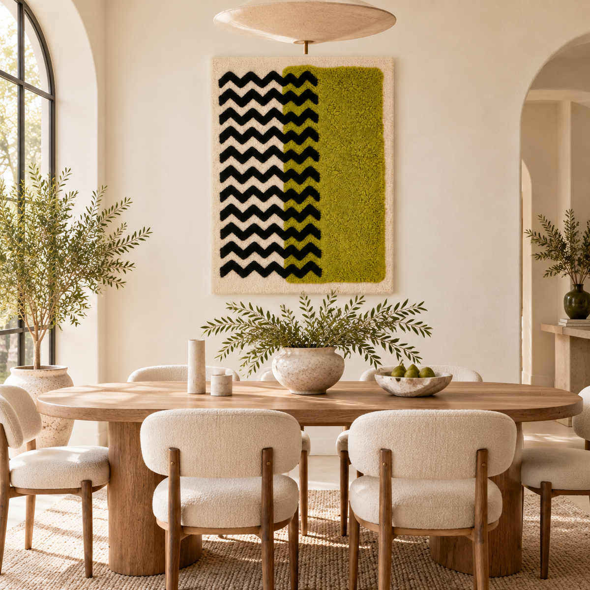 Hewn Earth wall art featuring a chartreuse field with black chevron patterns, displayed in a room setting.