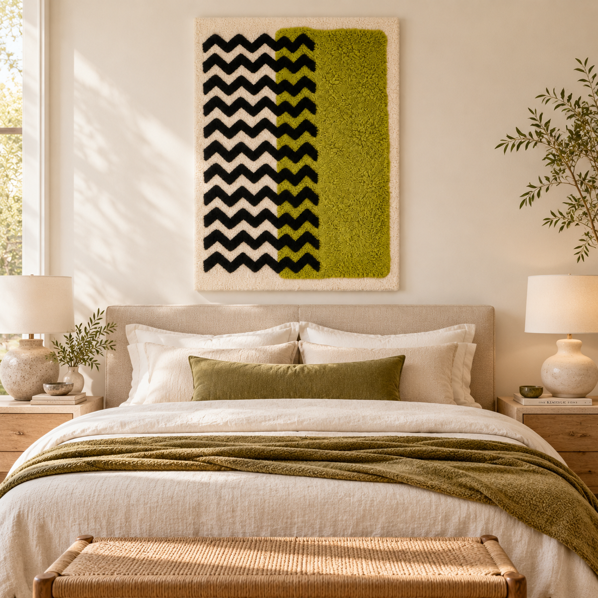 Hewn Earth wall art featuring a chartreuse field and black chevron patterns on a room wall.