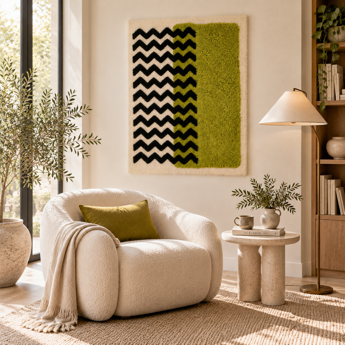 Hewn Earth wall art featuring a chartreuse field and black chevron pattern, decorative abstract design for modern interior decor.