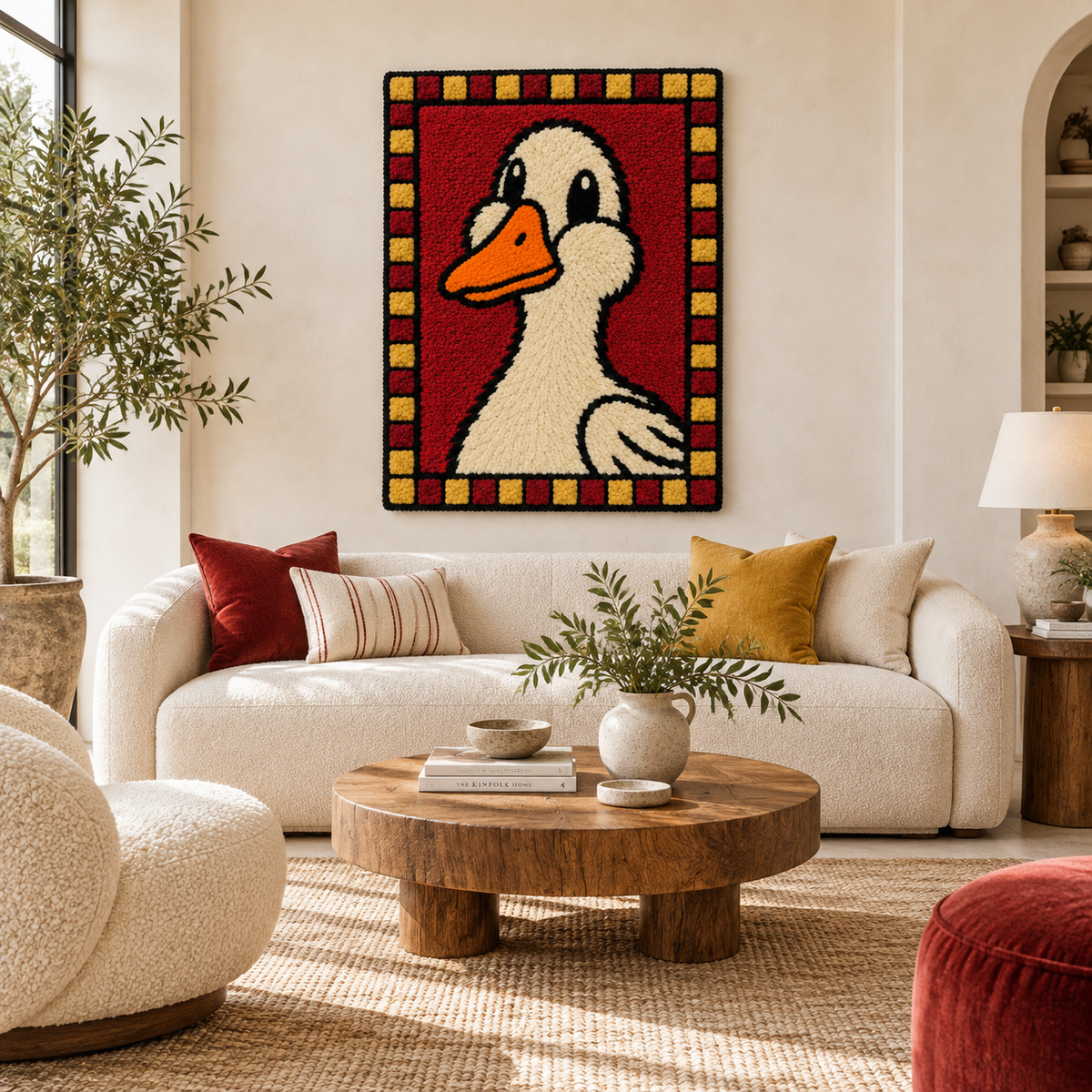 Hewn Earth checkered duckling portrait wall art, colorful illustration of a duckling on a checkered background for home decor.