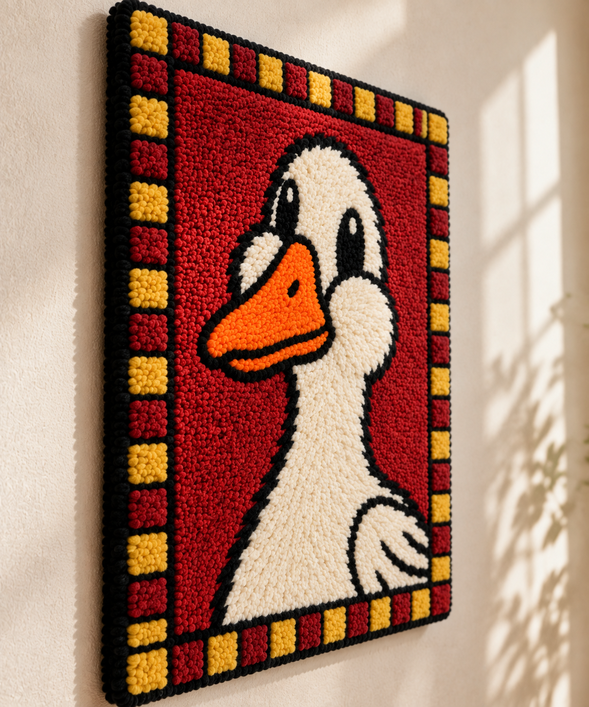Hewn Earth checkered duckling portrait wall art, colorful illustration featuring a cute duckling with a checkered pattern, angled view