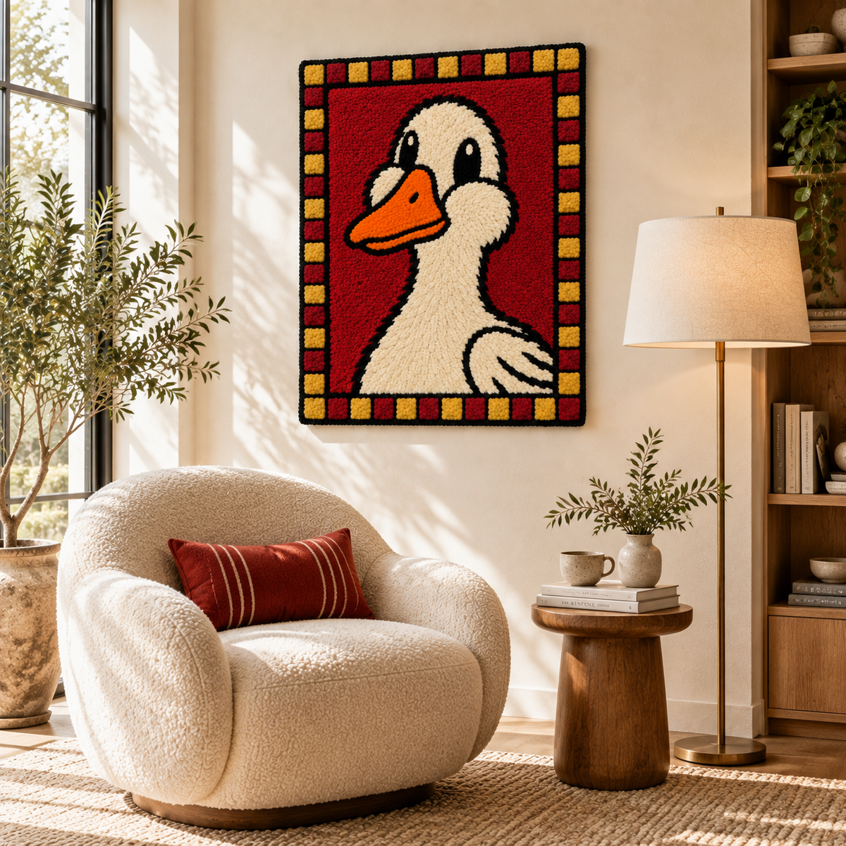Hewn Earth checkered duckling portrait wall art displayed in a room scene, showcasing vibrant colors and playful design.
