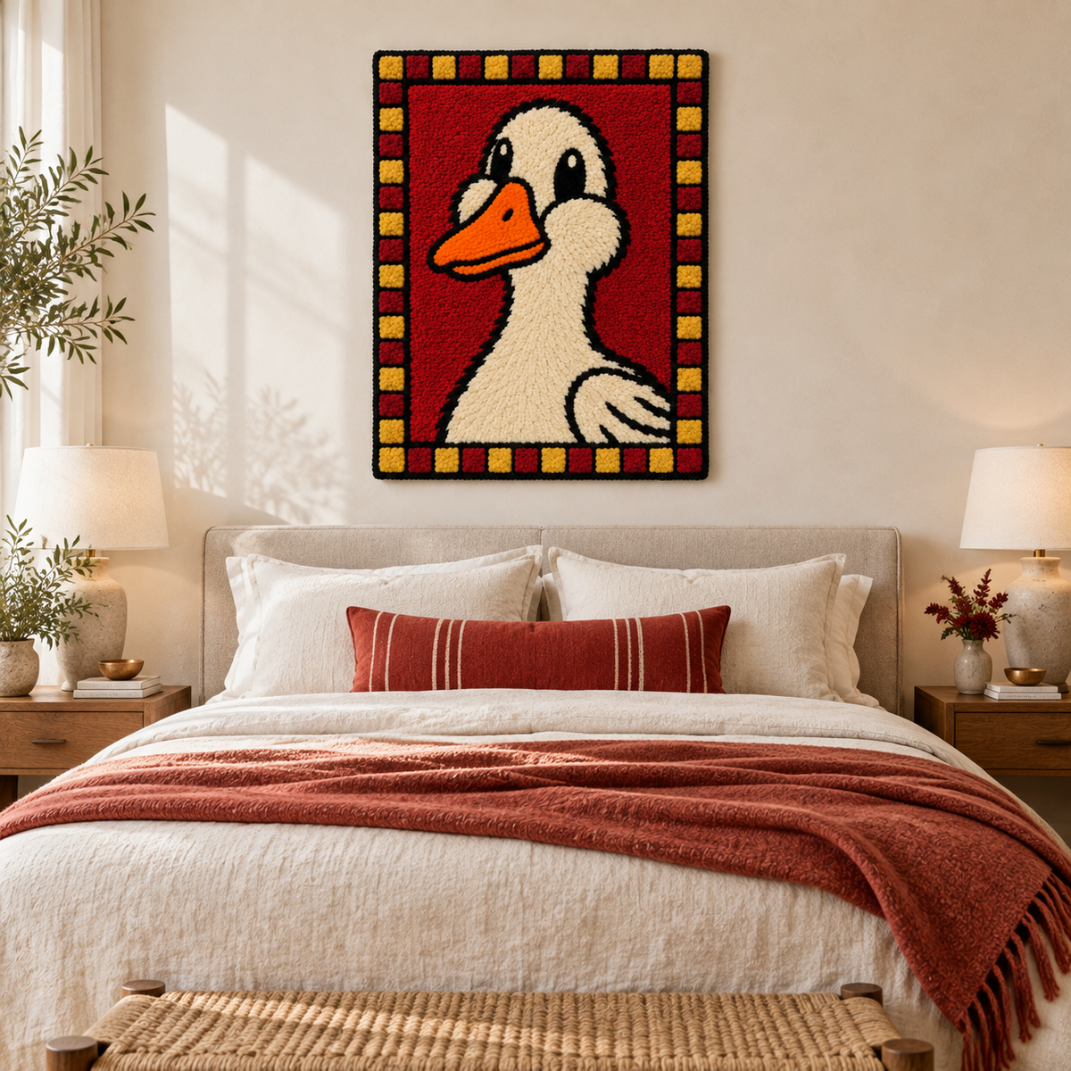Hewn Earth checkered duckling portrait wall art hanging in a cozy room scene, featuring a charming checkered duckling design.