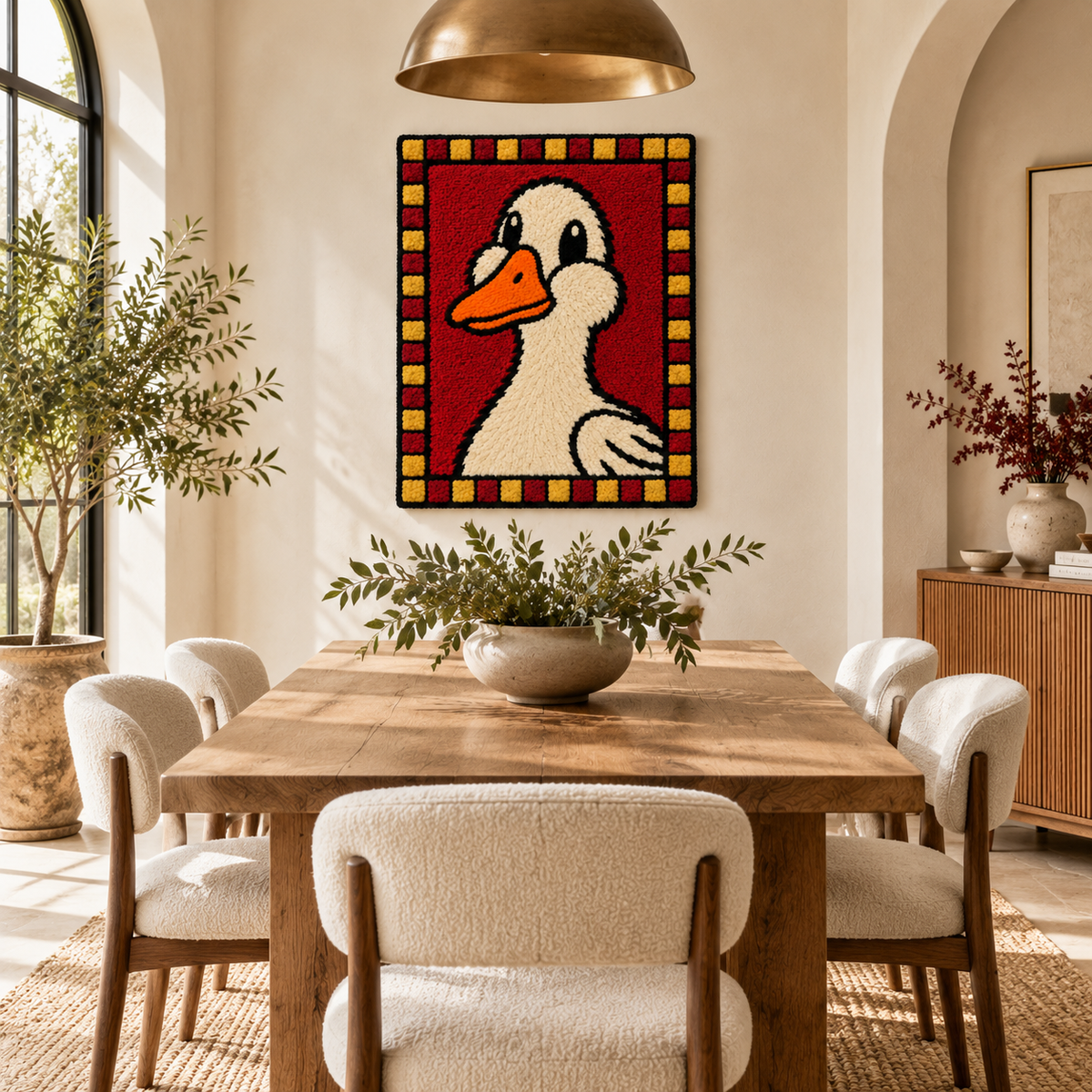Hewn Earth checkered duckling portrait wall art hanging in a room, featuring a charming checkered duckling illustration.