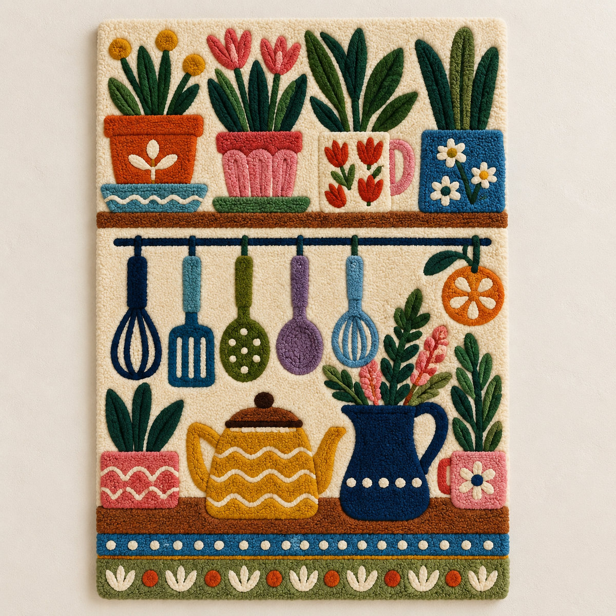 Hewn Earth cheerful kitchen shelves wall art featuring colorful, cheerful shelves with jars and cookware in a vibrant kitchen scene.