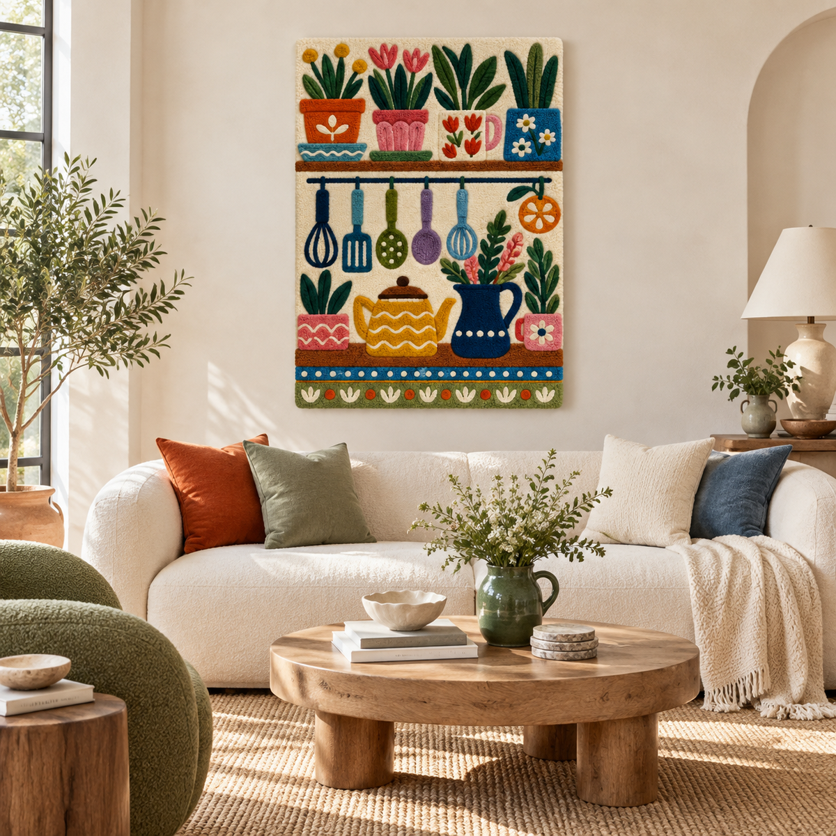 Hewn Earth cheerful kitchen shelves wall art featuring colorful hanging shelves and kitchen decor in a bright, inviting space.