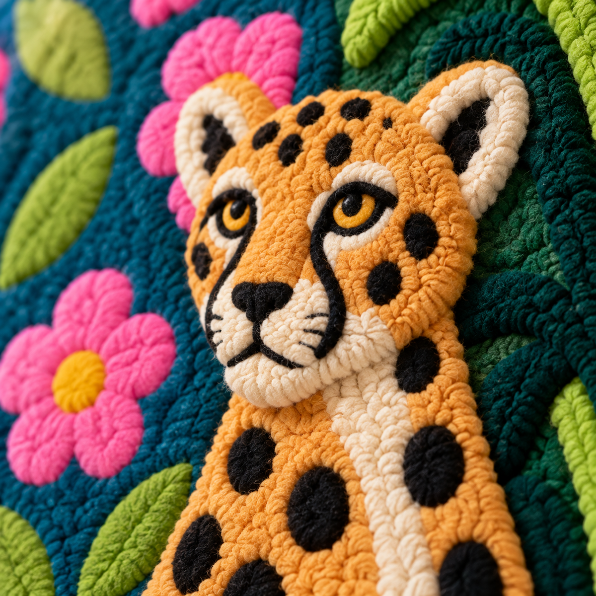Cheetah in the Palm Garden — tufted wool texture detail
