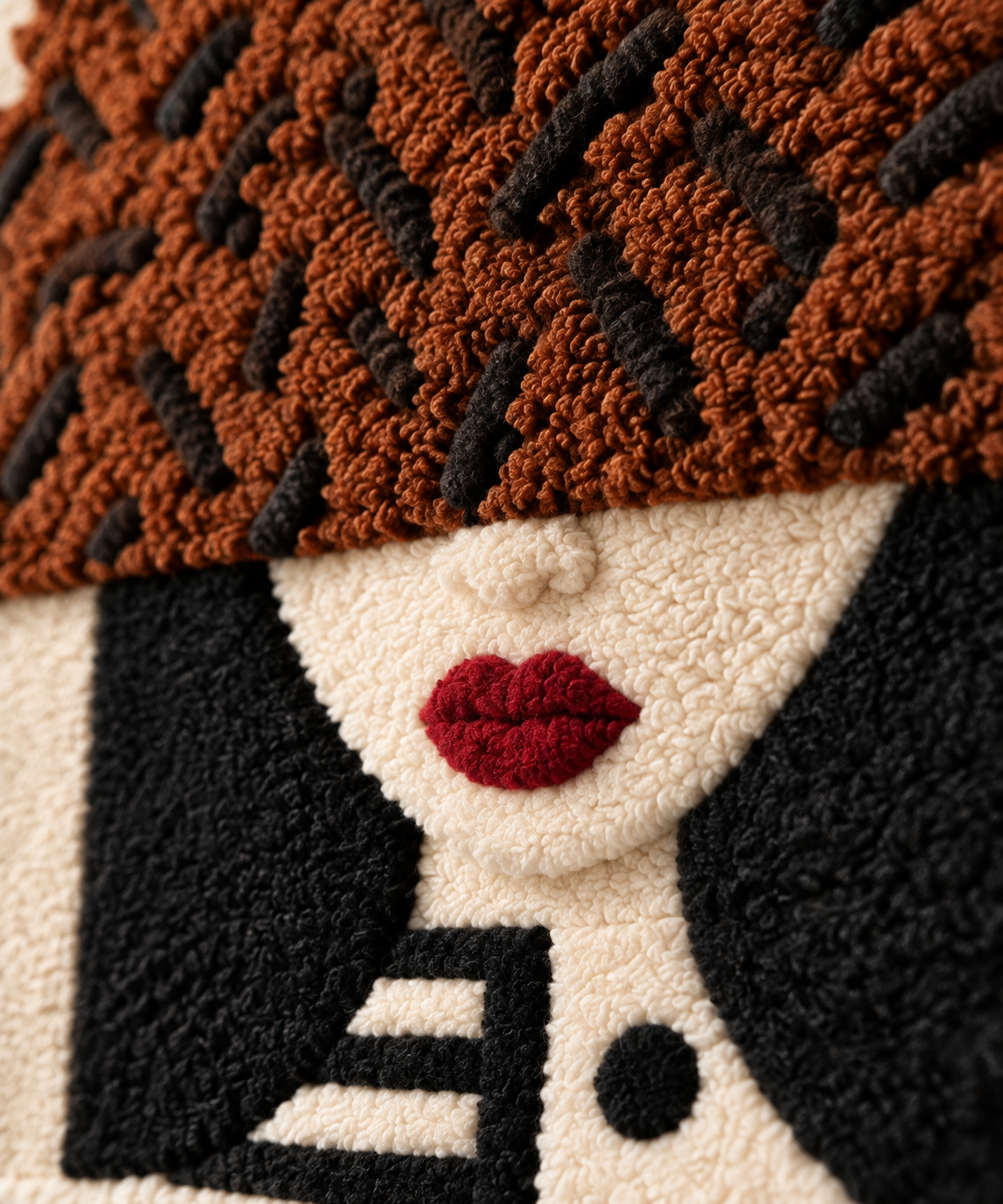 Chestnut Crown with Tiny Bird — tufted wool texture detail