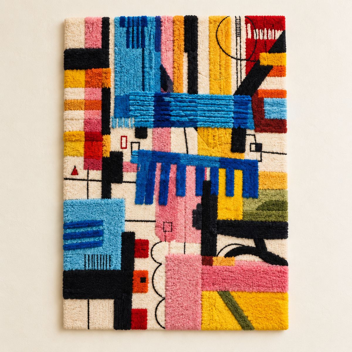 Hewn Earth Chromatic City Fragments wall art featuring vibrant, abstract geometric shapes on a light background.