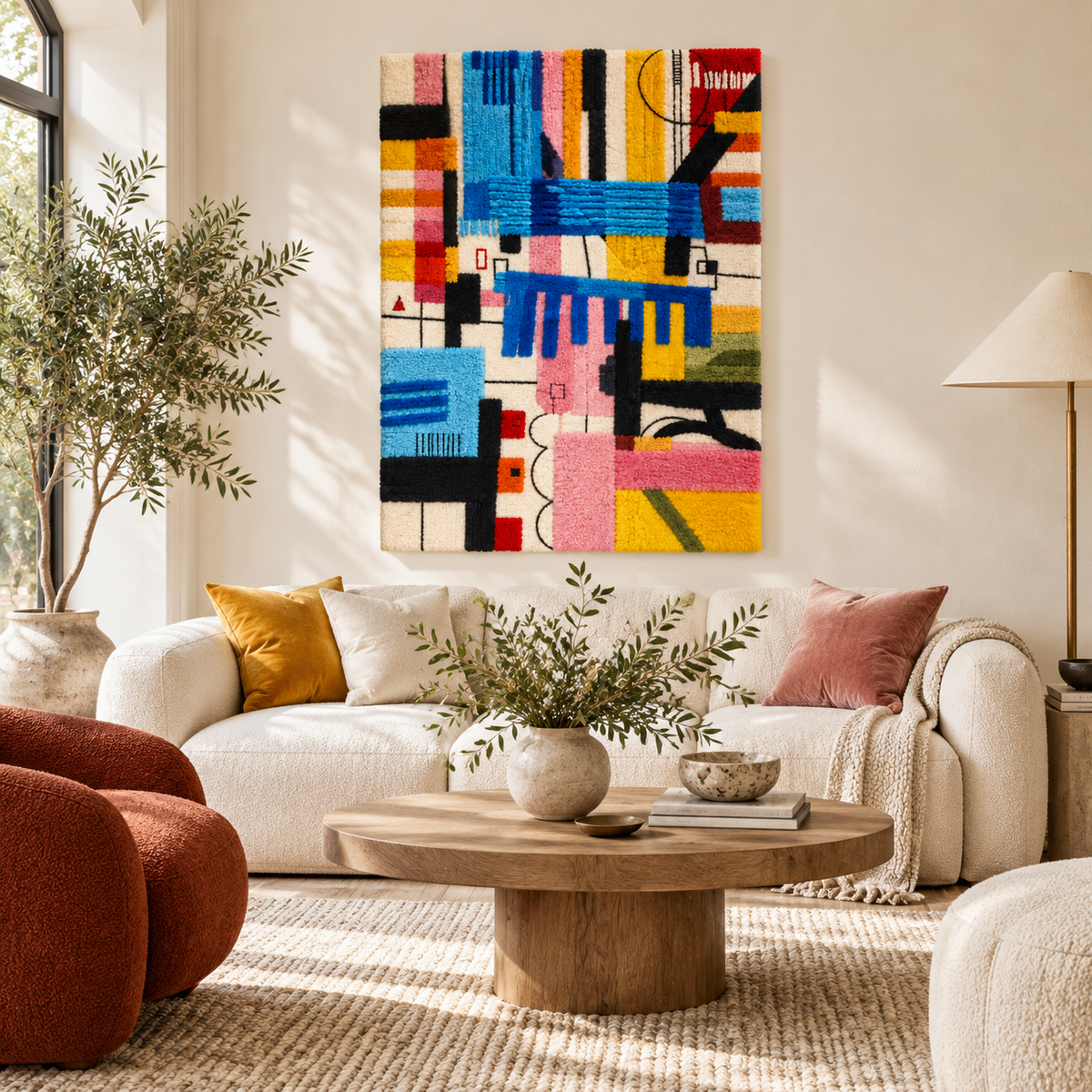 Colorful Chromatic City Fragments wall art by Hewn Earth displayed on a room wall, showcasing vibrant geometric patterns.