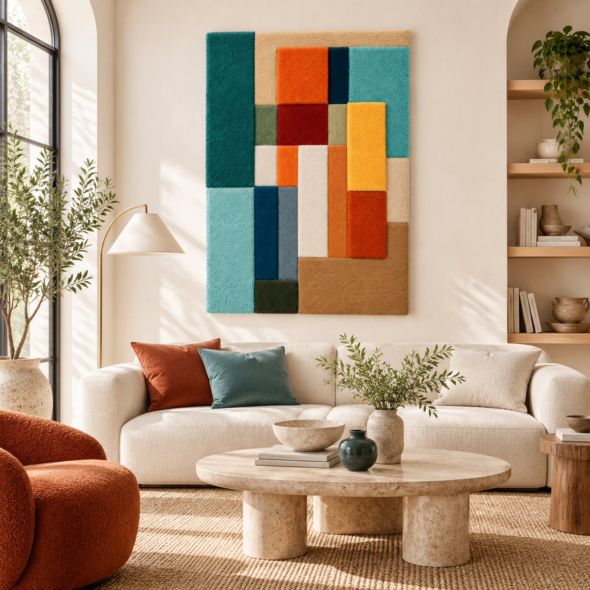 Hewn Earth chromatic column assembly wall art displayed in a room, featuring colorful geometric panels and modern design elements.