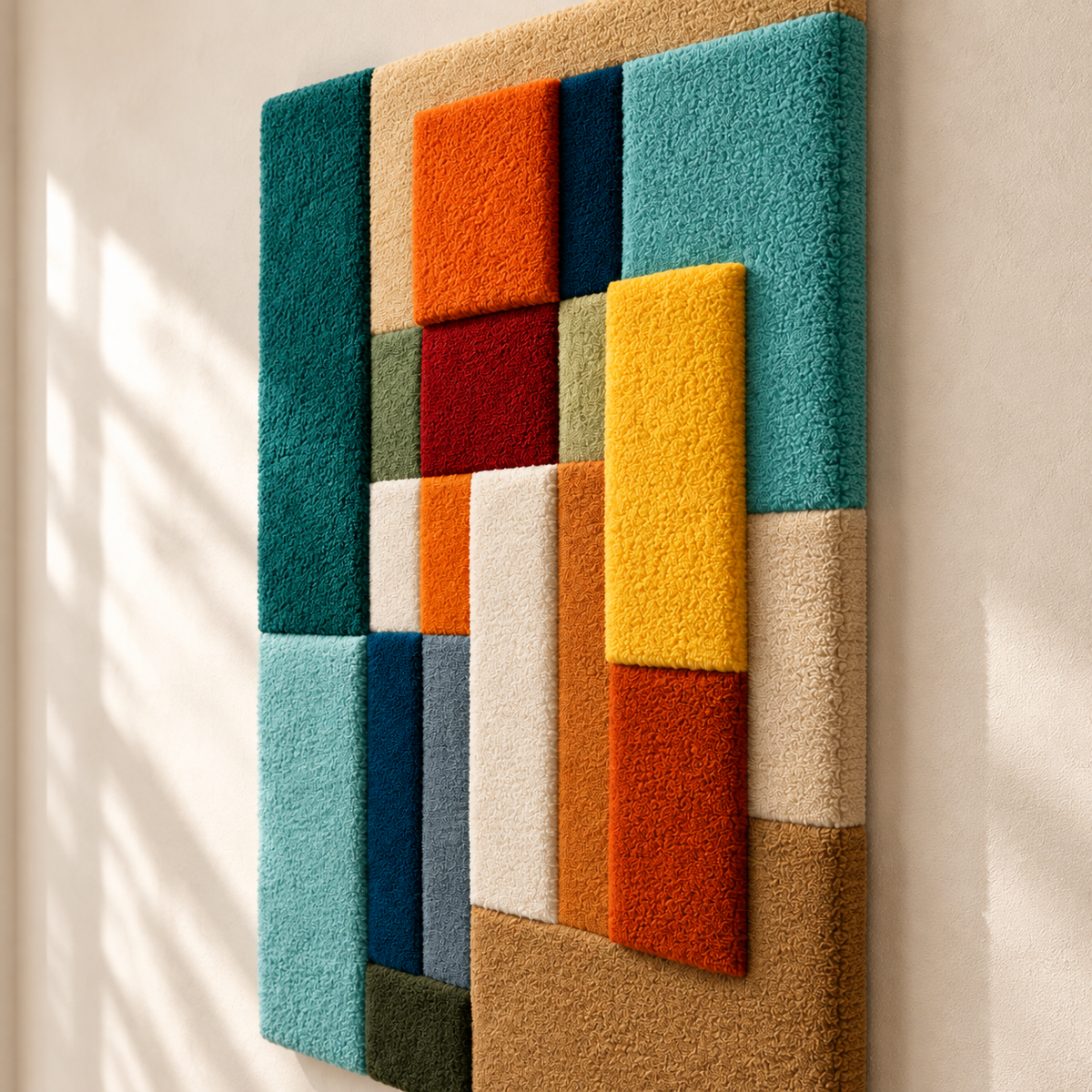 Hewn Earth Chromatic Column Assembly wall art showing colorful geometric shapes arranged in a modern, abstract design.