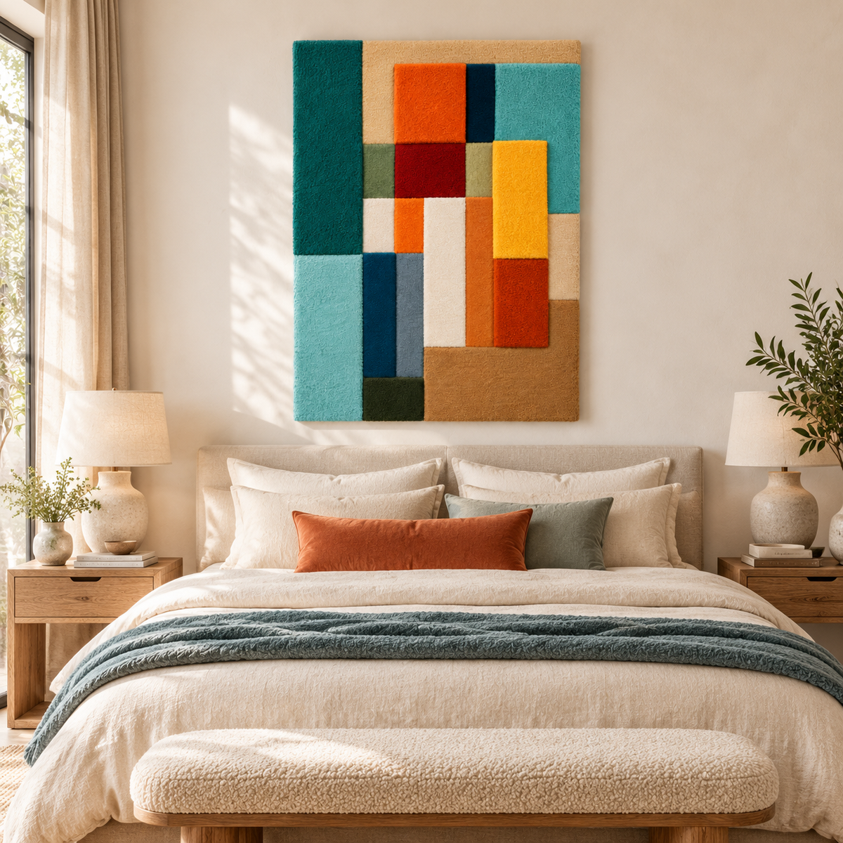 Hewn Earth Chromatic Column Assembly wall art displayed in a modern room setting, showcasing vibrant geometric shapes and textures.