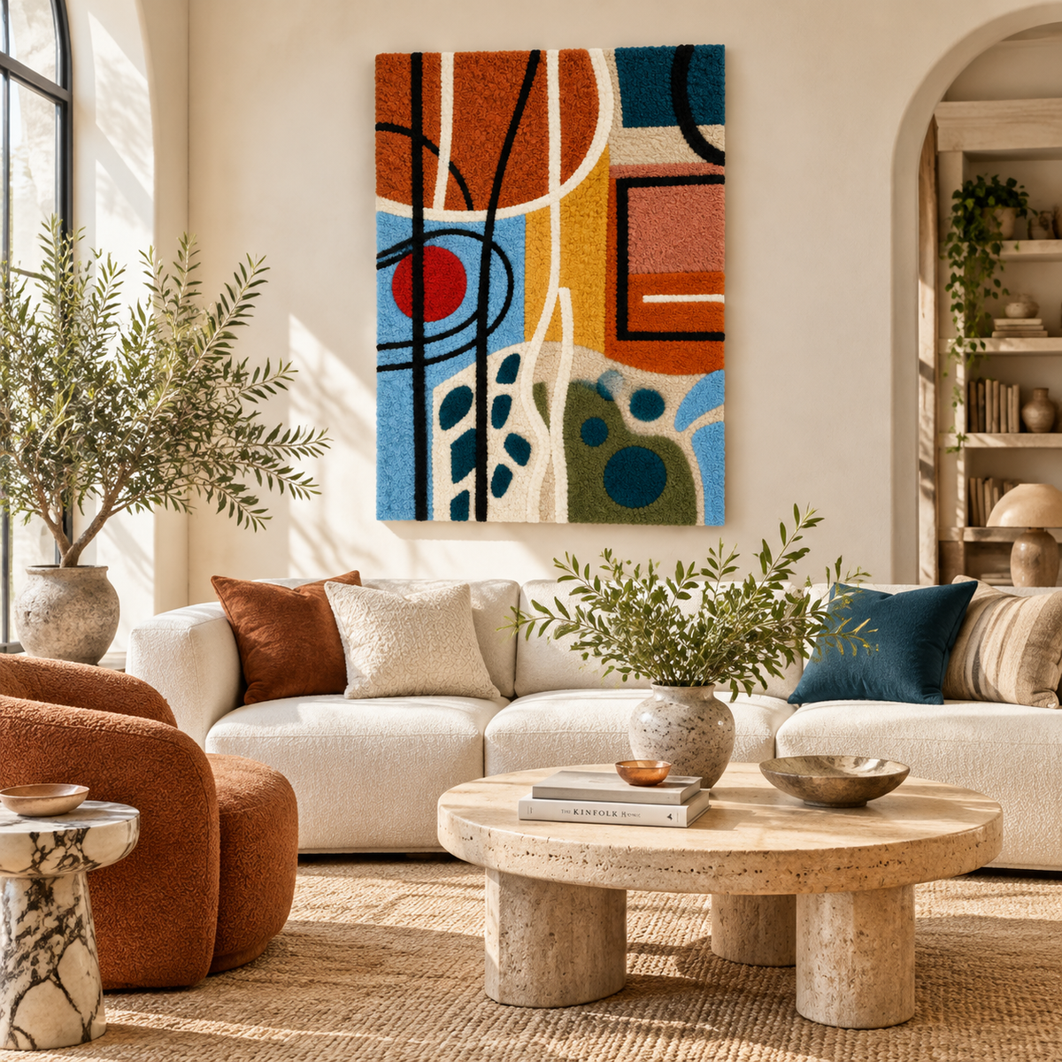 Hewn Earth Chromatic Loops and Pebbles wall art featuring colorful, abstract loops and pebble textures in a modern room setting.