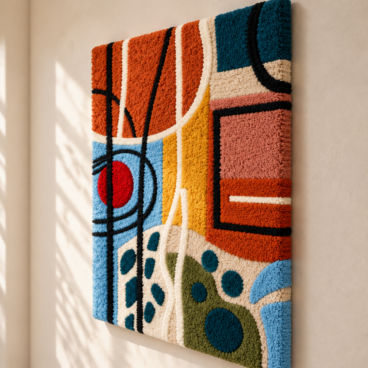 Hewn Earth Chromatic Loops and Pebbles wall art featuring colorful, abstract loops and pebble shapes on a neutral background.