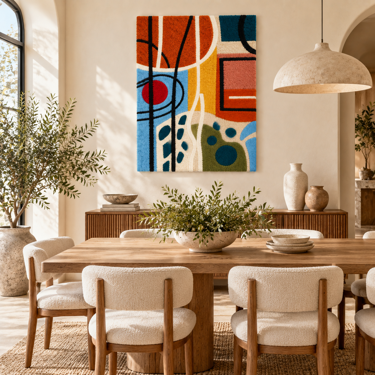 Hewn Earth Chromatic Loops and Pebbles wall art displayed in a modern room setting, featuring vibrant, abstract circular designs.