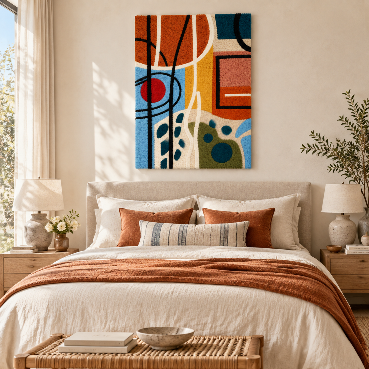Hewn Earth wall art featuring colorful loops and pebble patterns displayed in a modern room scene.
