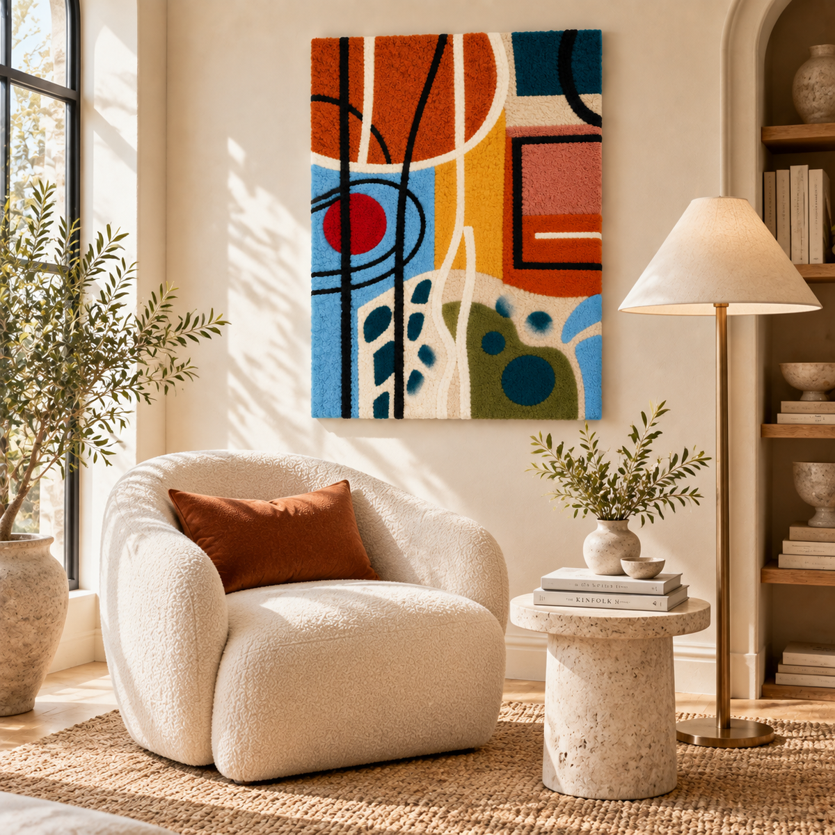 Hewn Earth Chromatic Loops and Pebbles wall art displayed in a modern room scene with vibrant, colorful abstract design.