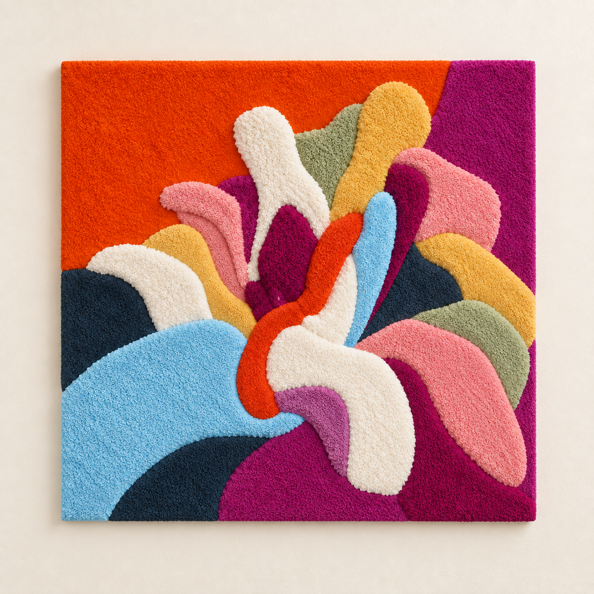 Hewn Earth Chromatic Plume wall art featuring vibrant, colorful abstract design on a light background.