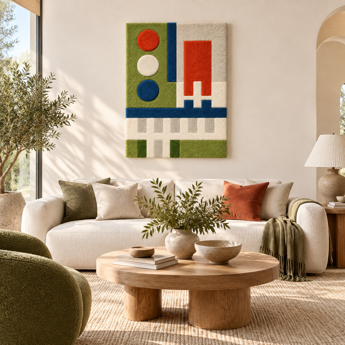 Hewn Earth Chromatic Signal Grid wall art featuring vibrant, geometric patterns on a room wall.