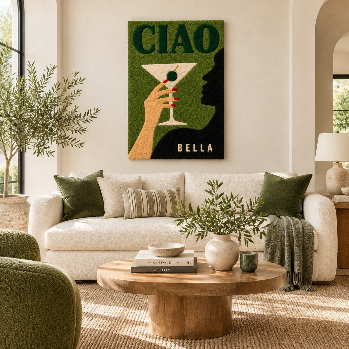 Hewn Earth Ciao Olive Hour wall art featuring a vibrant olive branch design on a neutral background.