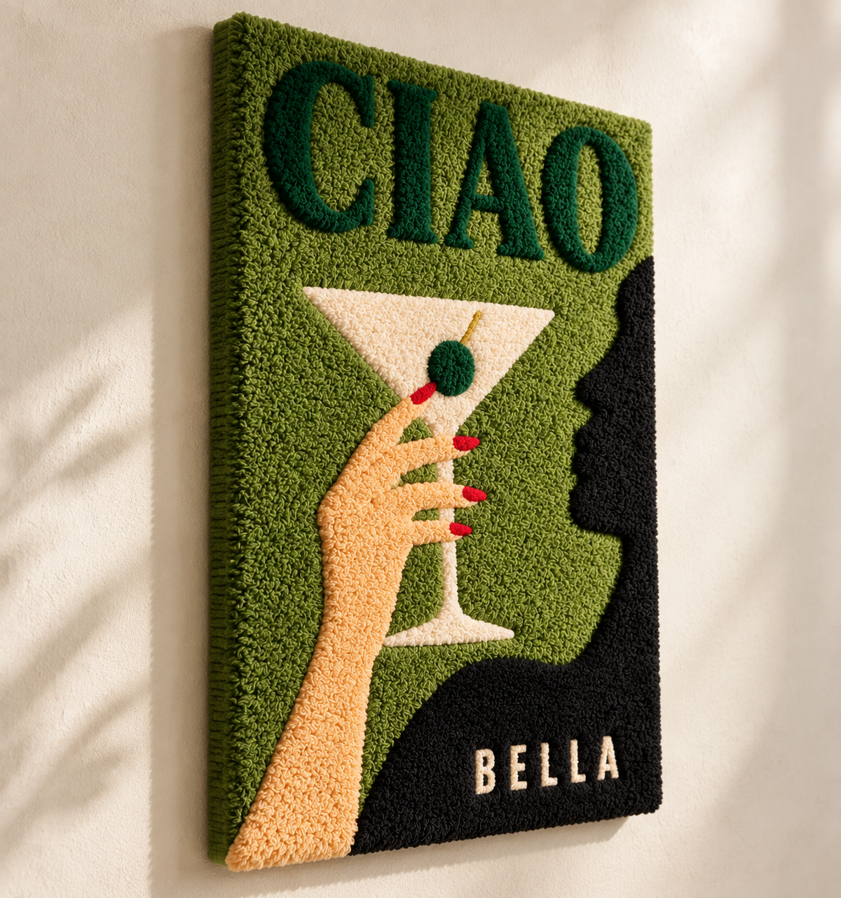 Hewn Earth Ciao Olive Hour wall art featuring a stylish olive motif in a modern design, displayed at an angle.