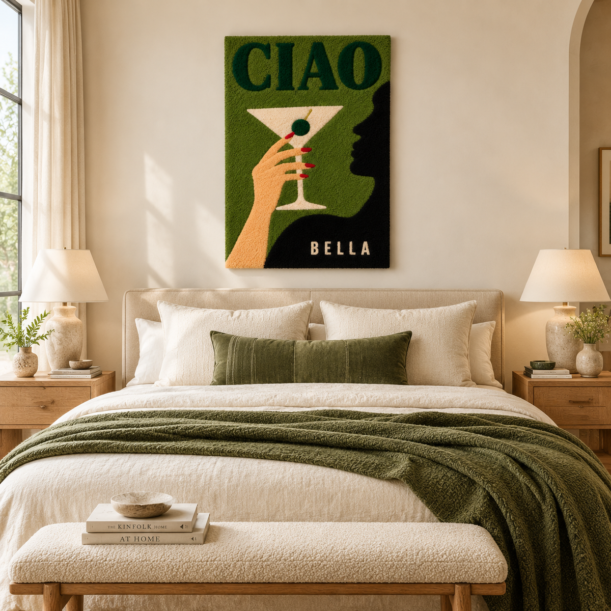 Hewn Earth Ciao Olive Hour wall art featuring a minimalist olive branch illustration on a neutral background.