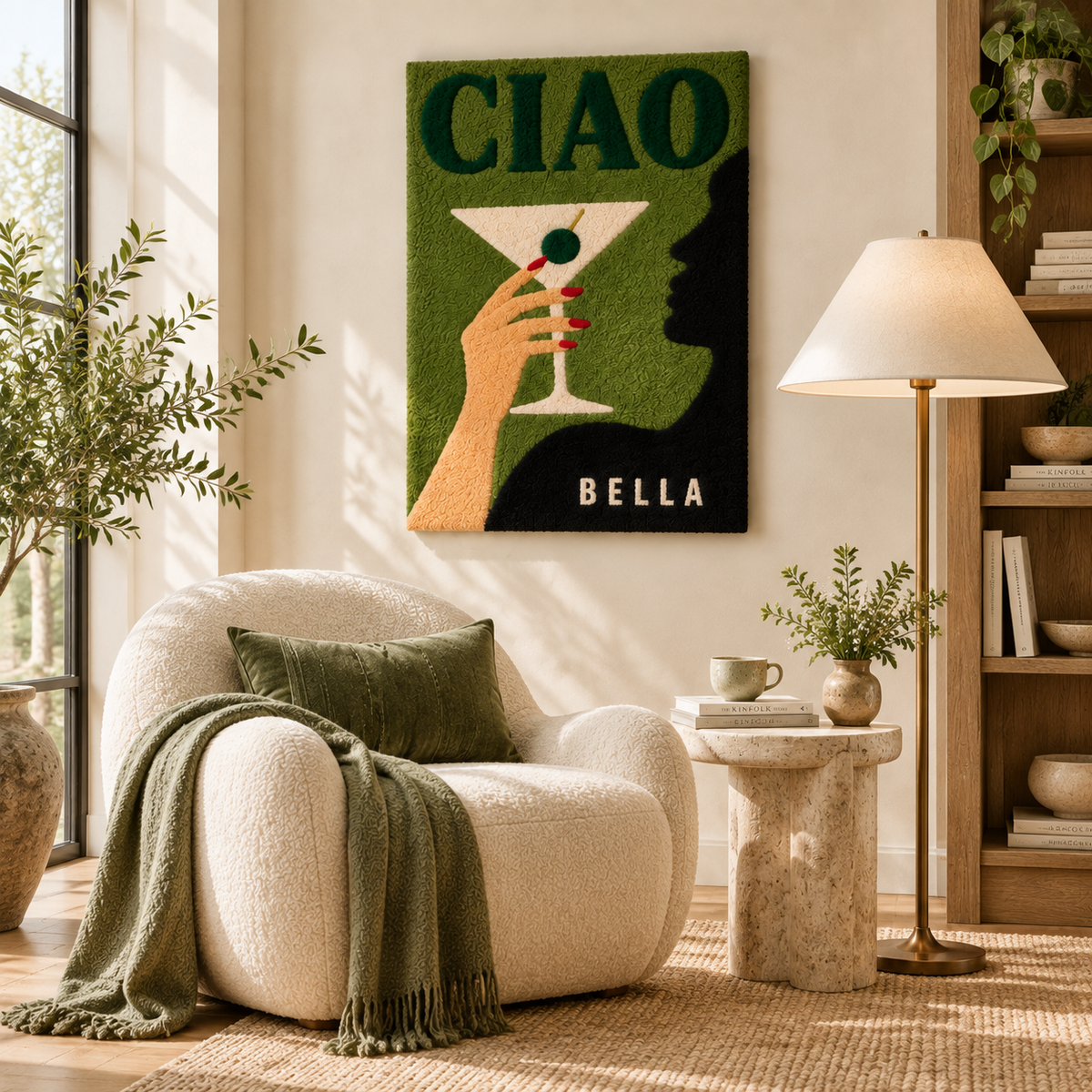 Hewn Earth Ciao Olive Hour wall art featuring a minimalist olive branch design on a neutral background