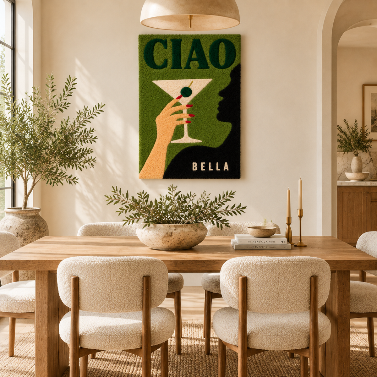 Hewn Earth Ciao Olive Hour wall art featuring a colorful illustration of olives and leaves on a neutral background.