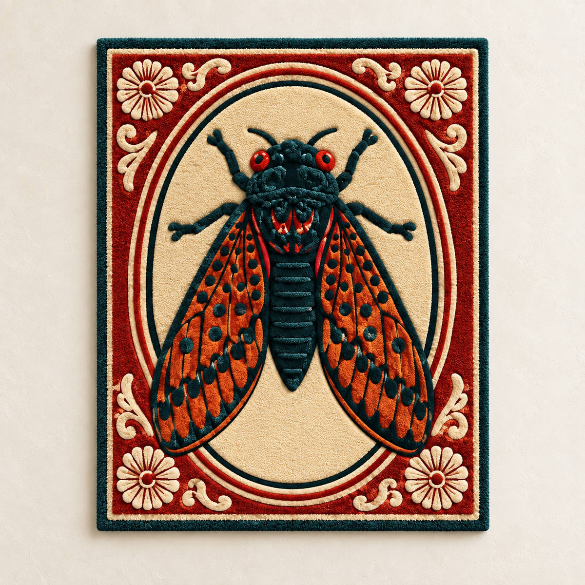 Hewn Earth wall art featuring a detailed cicada illustration within a crimson cameo frame on a neutral background.