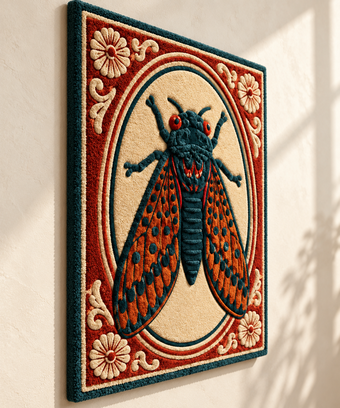 Close-up of a wall art piece featuring a detailed cicada encased in a crimson cameo by Hewn Earth.