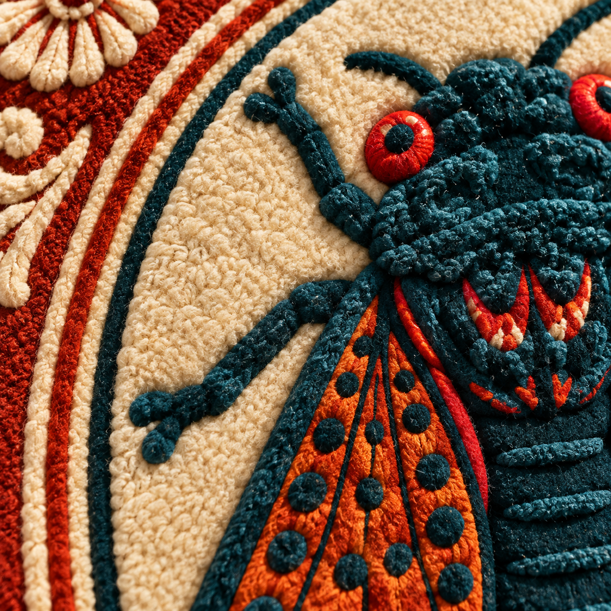 Close-up of a detailed wall art piece featuring a cicada in a crimson cameo by Hewn Earth