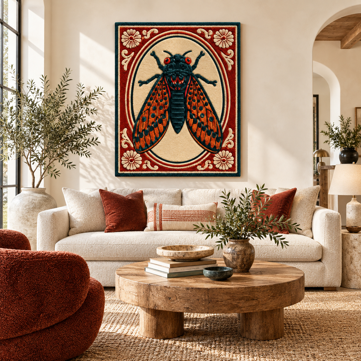 Hewn Earth wall art featuring a detailed crimson cameo with a realistic cicada illustration on a neutral background.